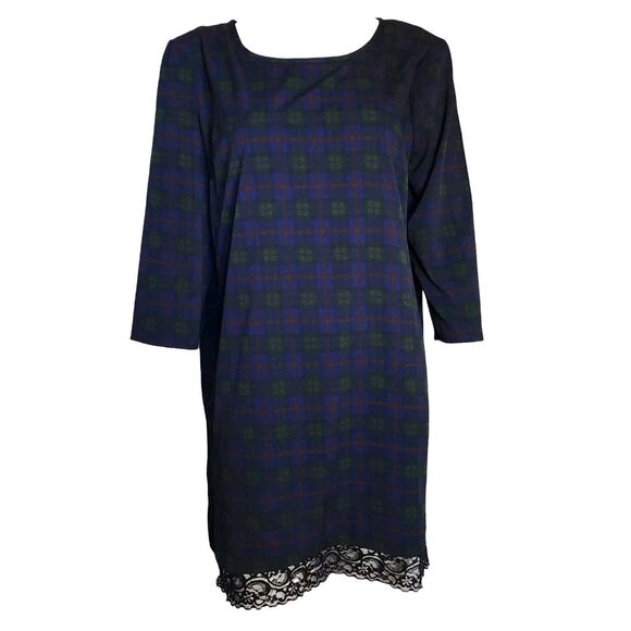 RD STYLE Blue Green Plaid Lace Detail Pullover Dress Womens SIze L Large - Picture 1 of 6